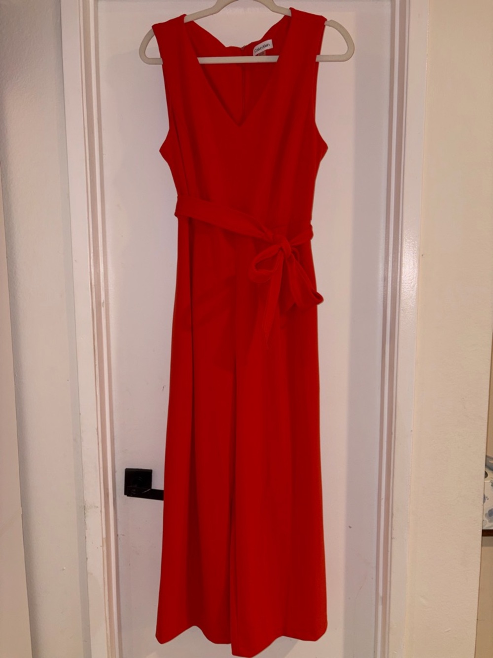 Calvin Klein Orange Red Sleeveless Wide-Leg Jumpsuit with Tie Waist